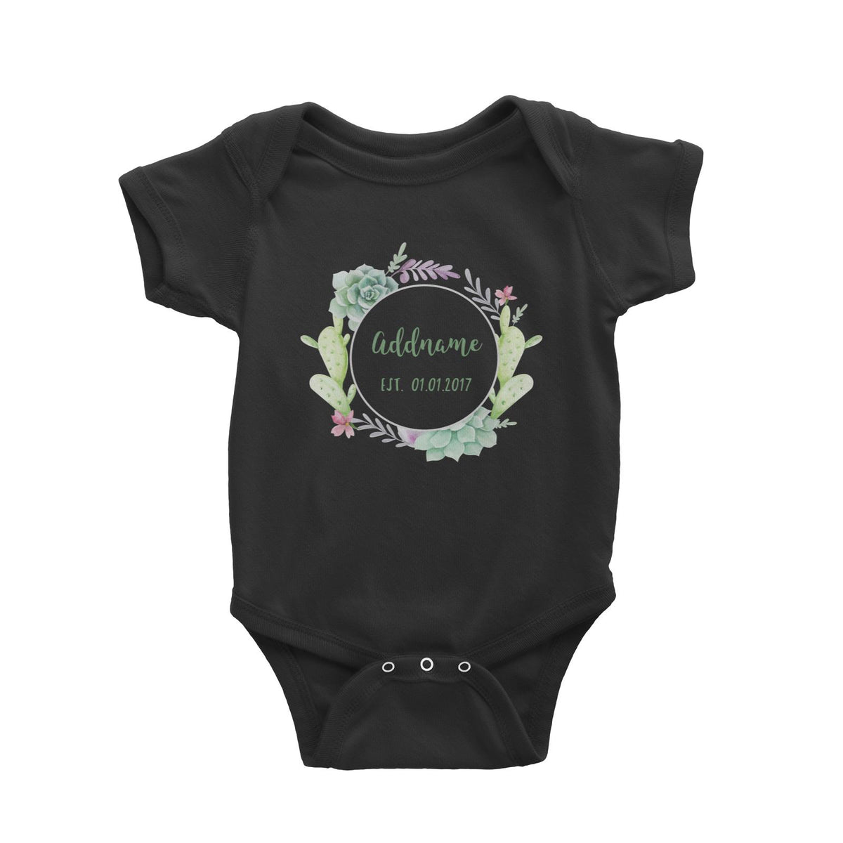 Add Name and Add Date in Succulent Wreath Baby Romper