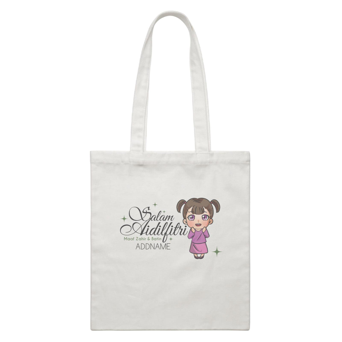 Raya Chibi Wishes Little Girl Addname Wishes Everyone Salam Aidilfitri Maaf Zahir &amp; Batin White Canvas Bag