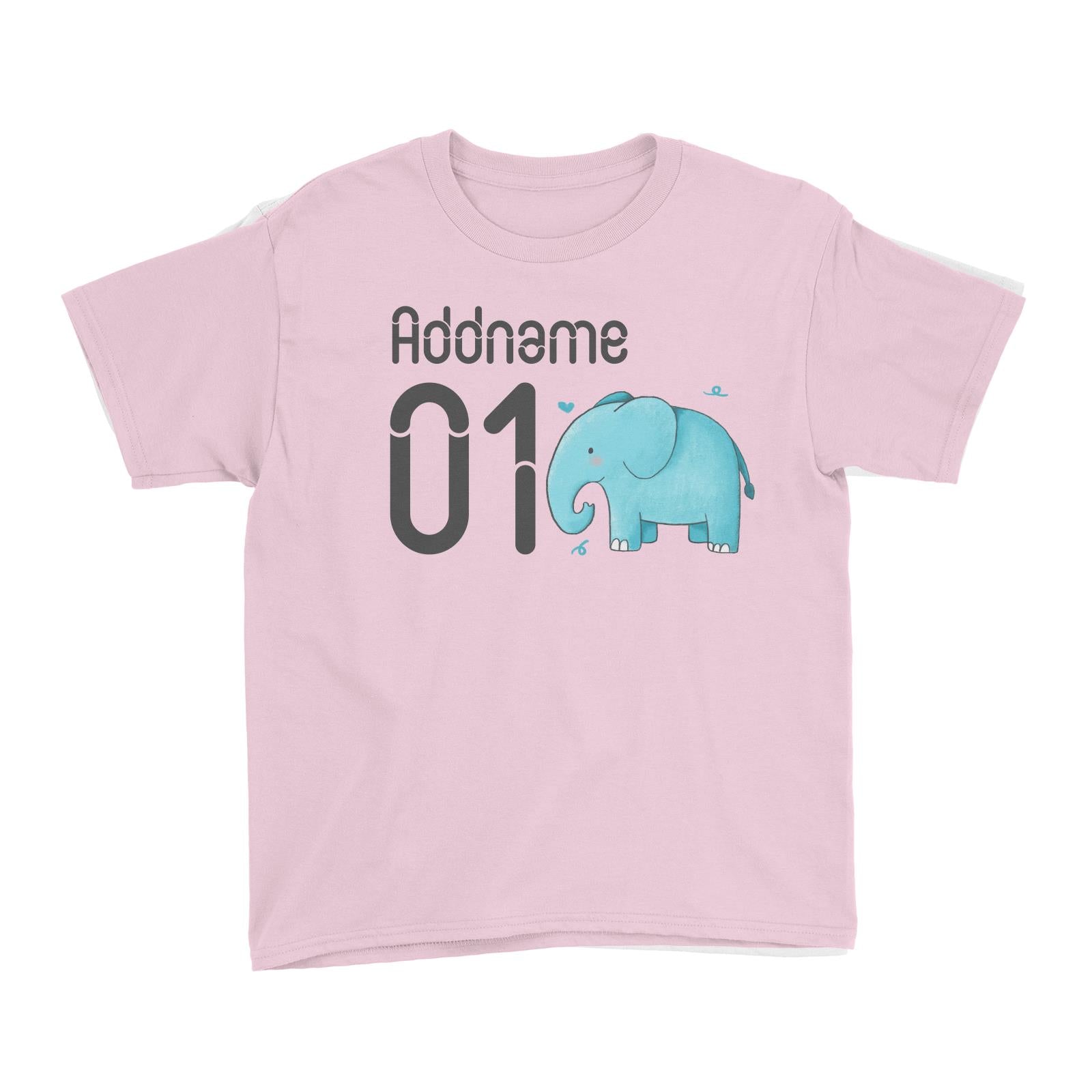 Name and Number Cute Hand Drawn Style Elephant Kid's T-Shirt