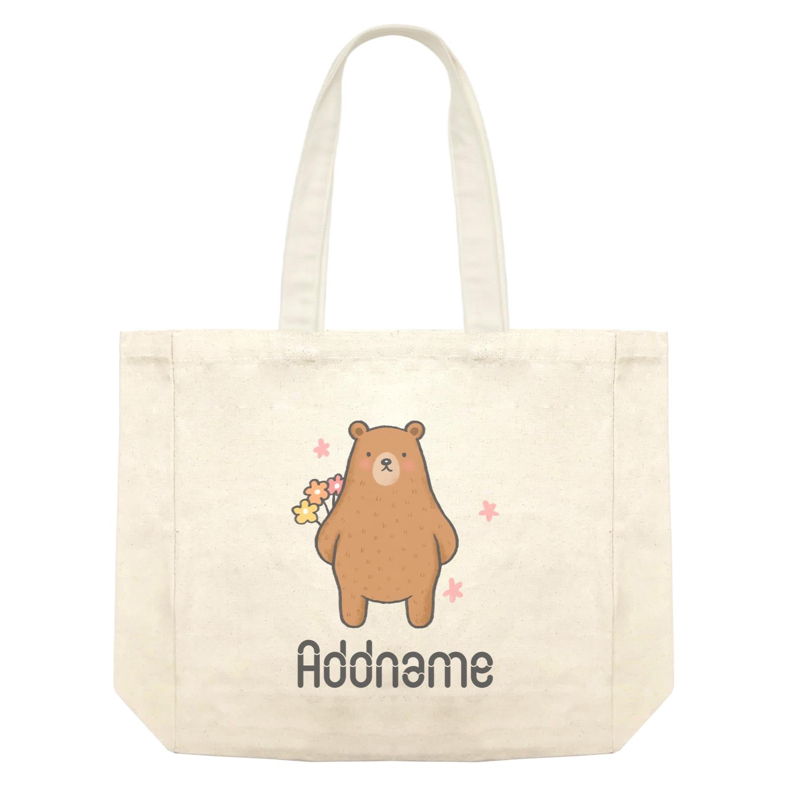 Cute Hand Drawn Style Bear with Flowers Addname Shopping Bag