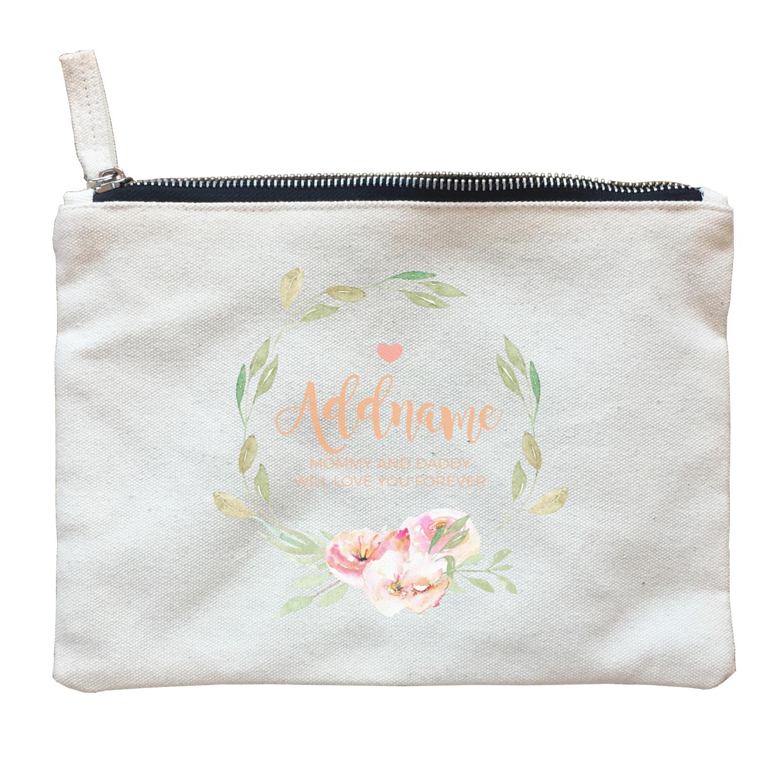 Watercolour Sweet Pink Flowers Wreath Personalizable with Name and Text Zipper Pouch