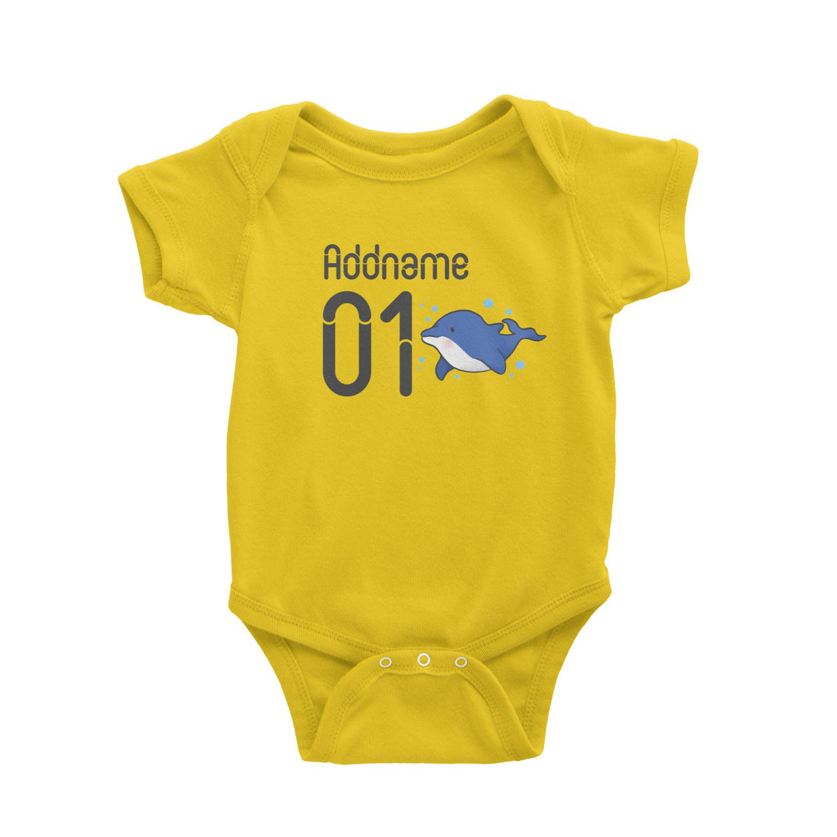 Name and Number Cute Hand Drawn Style Dolphin Baby Romper