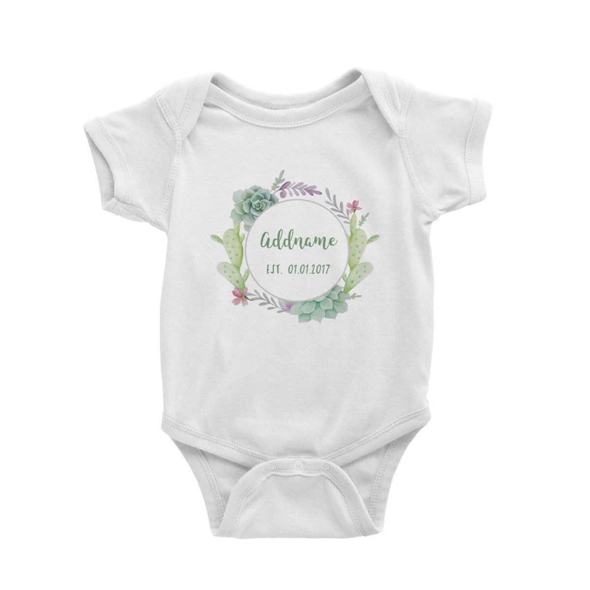 Add Name and Add Date in Succulent Wreath Baby Romper
