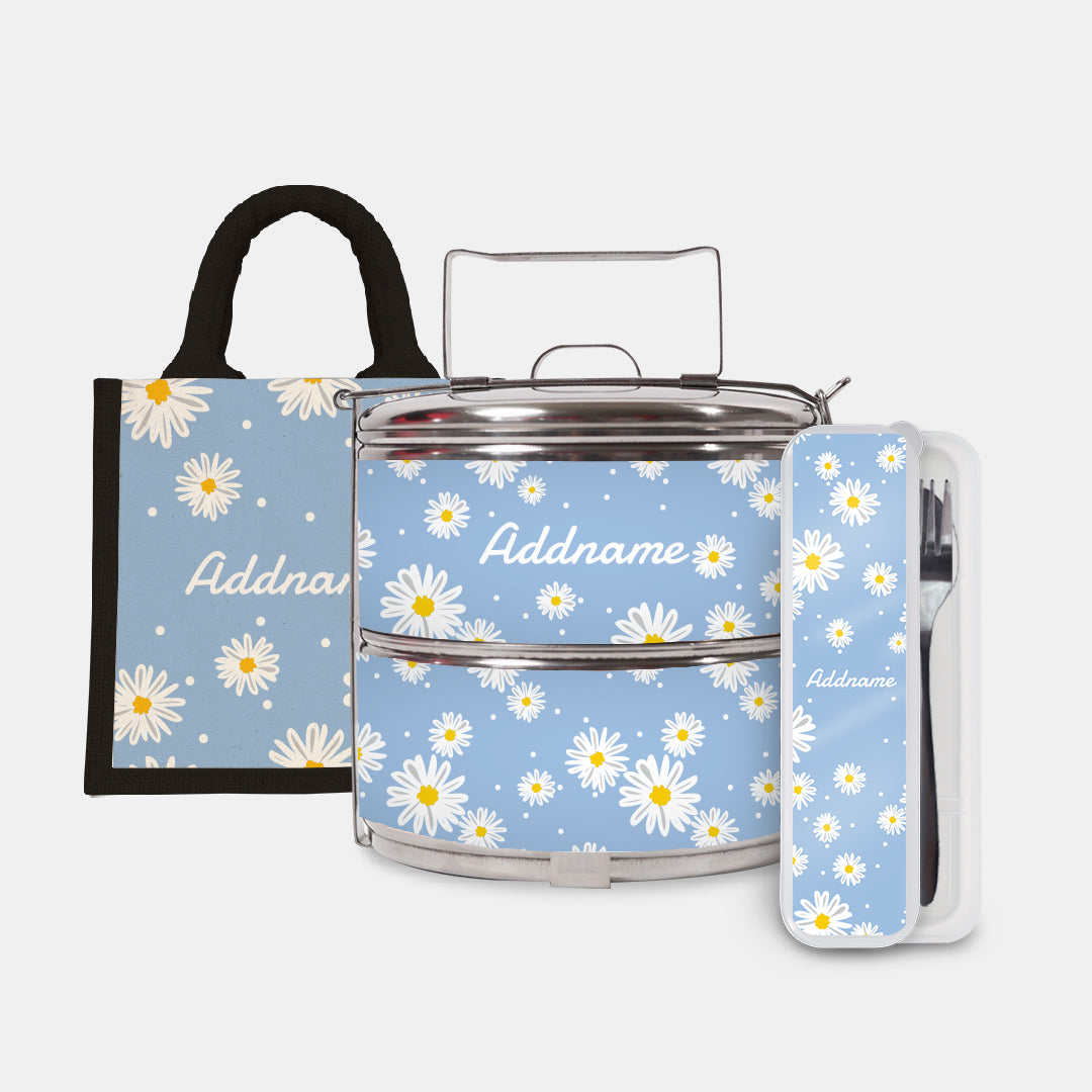 Daisy Series Half Lining Lunch Bag, Standard Two Tier Tiffin Carrier And Cutlery Set - Frost Black