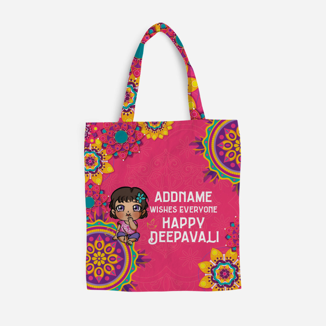 Deepavali Chibi Full Print Canvas Bag - Baby Girl Front Addname Wishes Everyone Deepavali