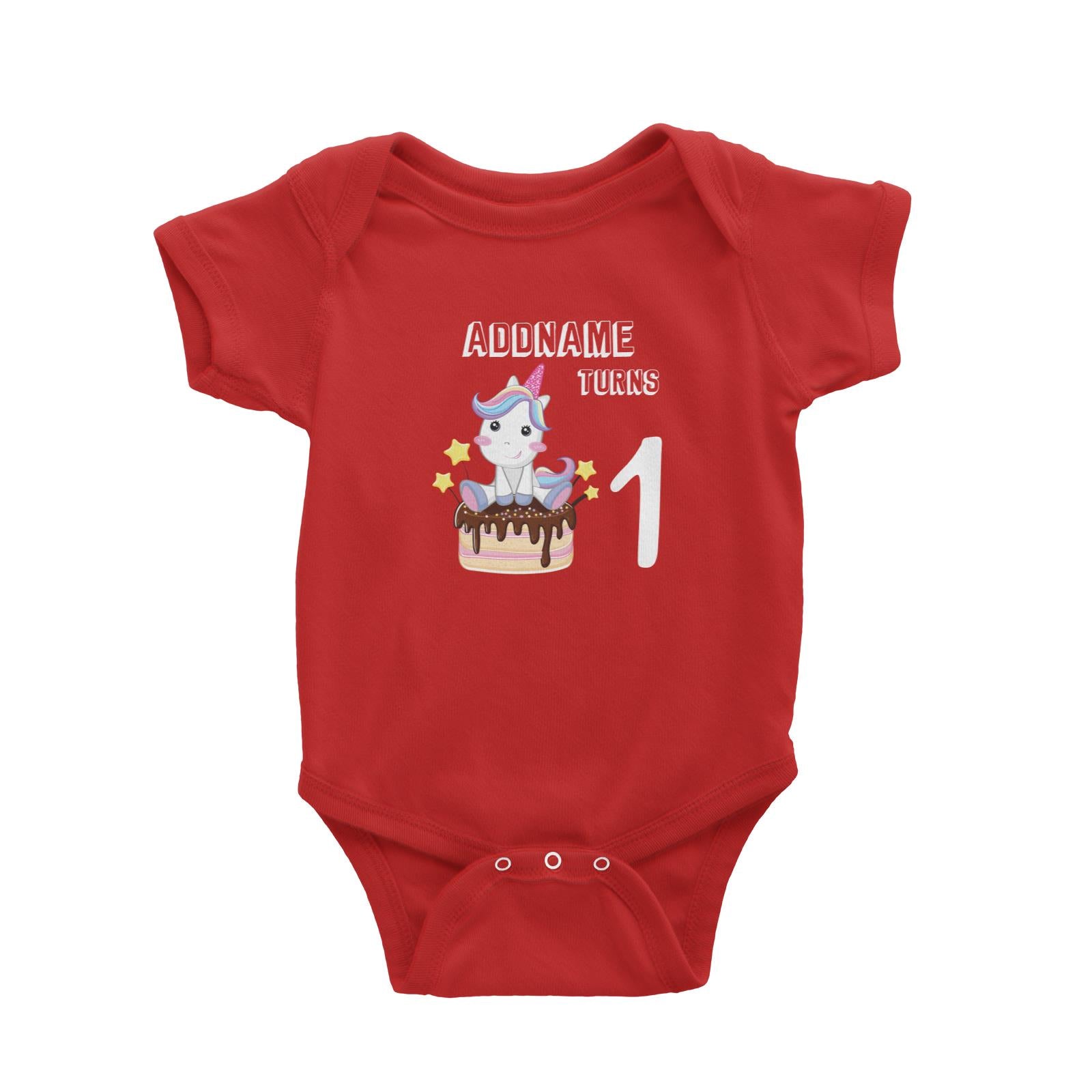 Birthday Unicorn With Cake Addname Turns 1 Baby Romper