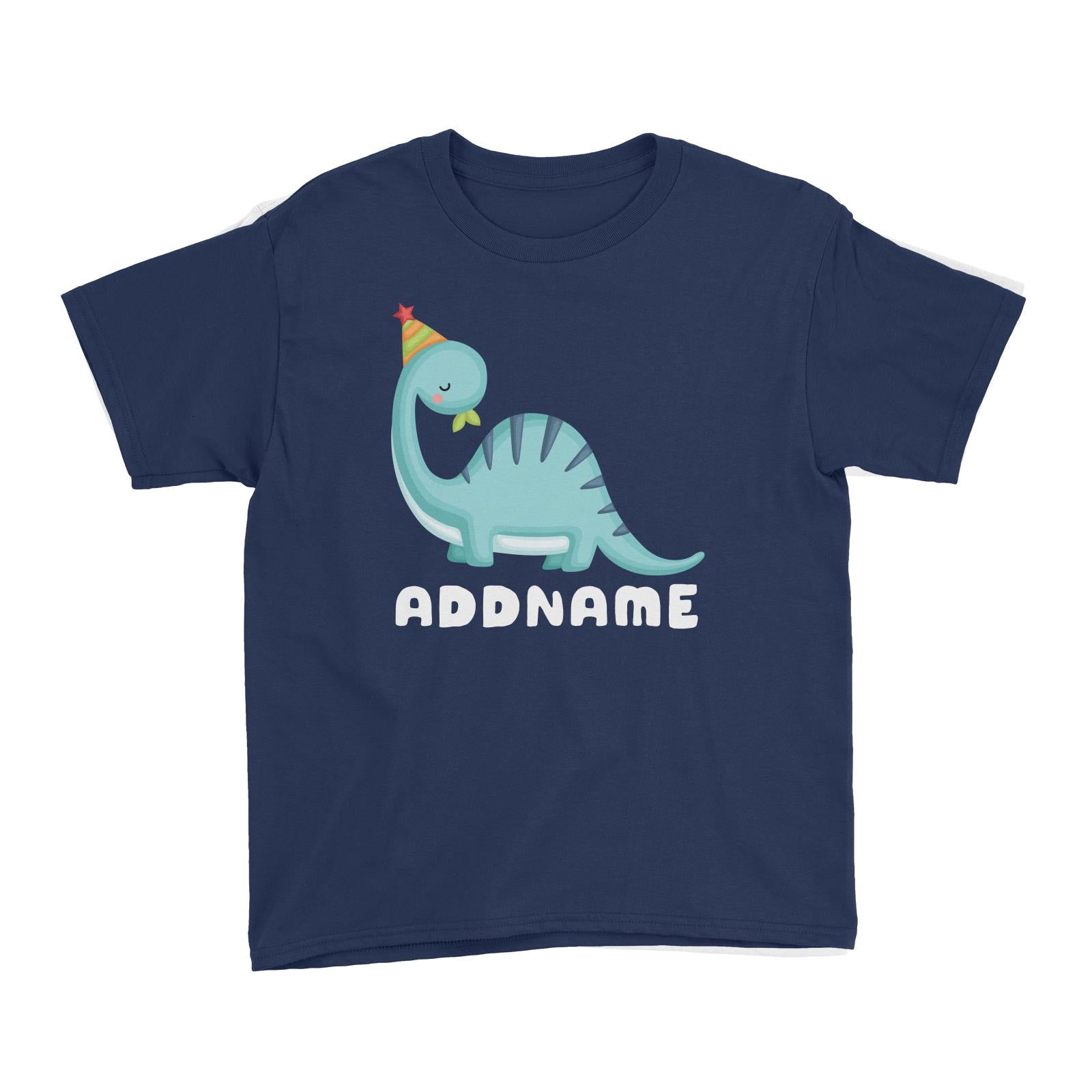 Birthday Dinosaur Happy Blue Long Neck With Party Hat Addname Kid's T-Shirt