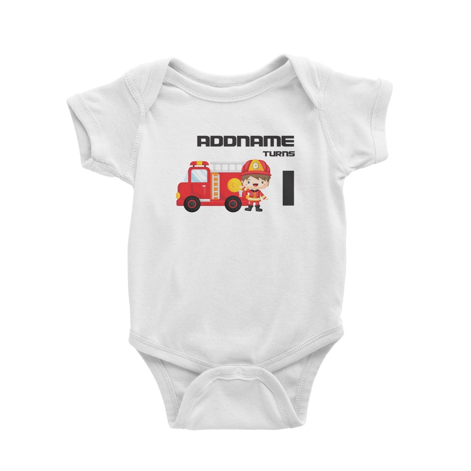 Birthday Firefighter Boy With Firetruck Addname Turns 1 Baby Romper