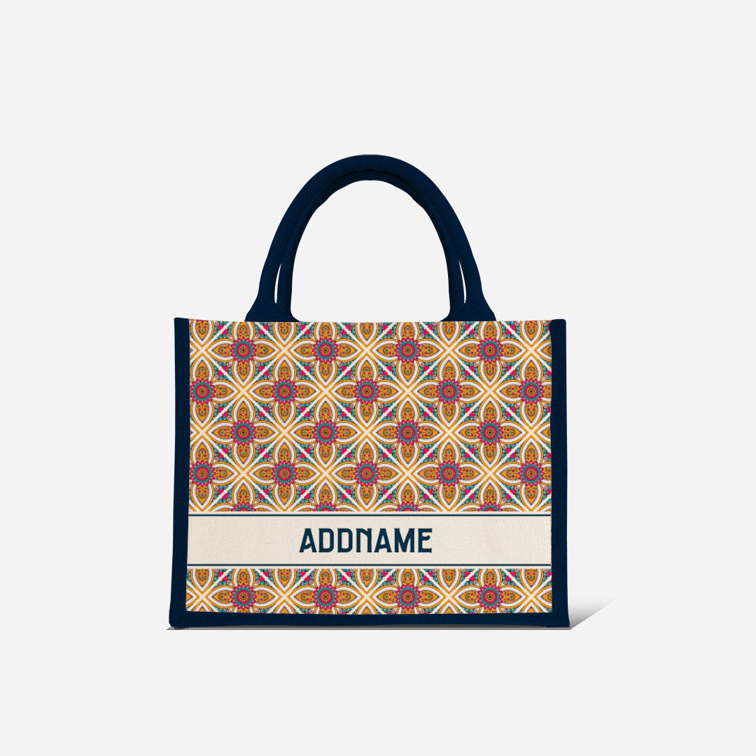 Pookal Series Half Lining Small Jute Bag - Vibrant Tiles Navy