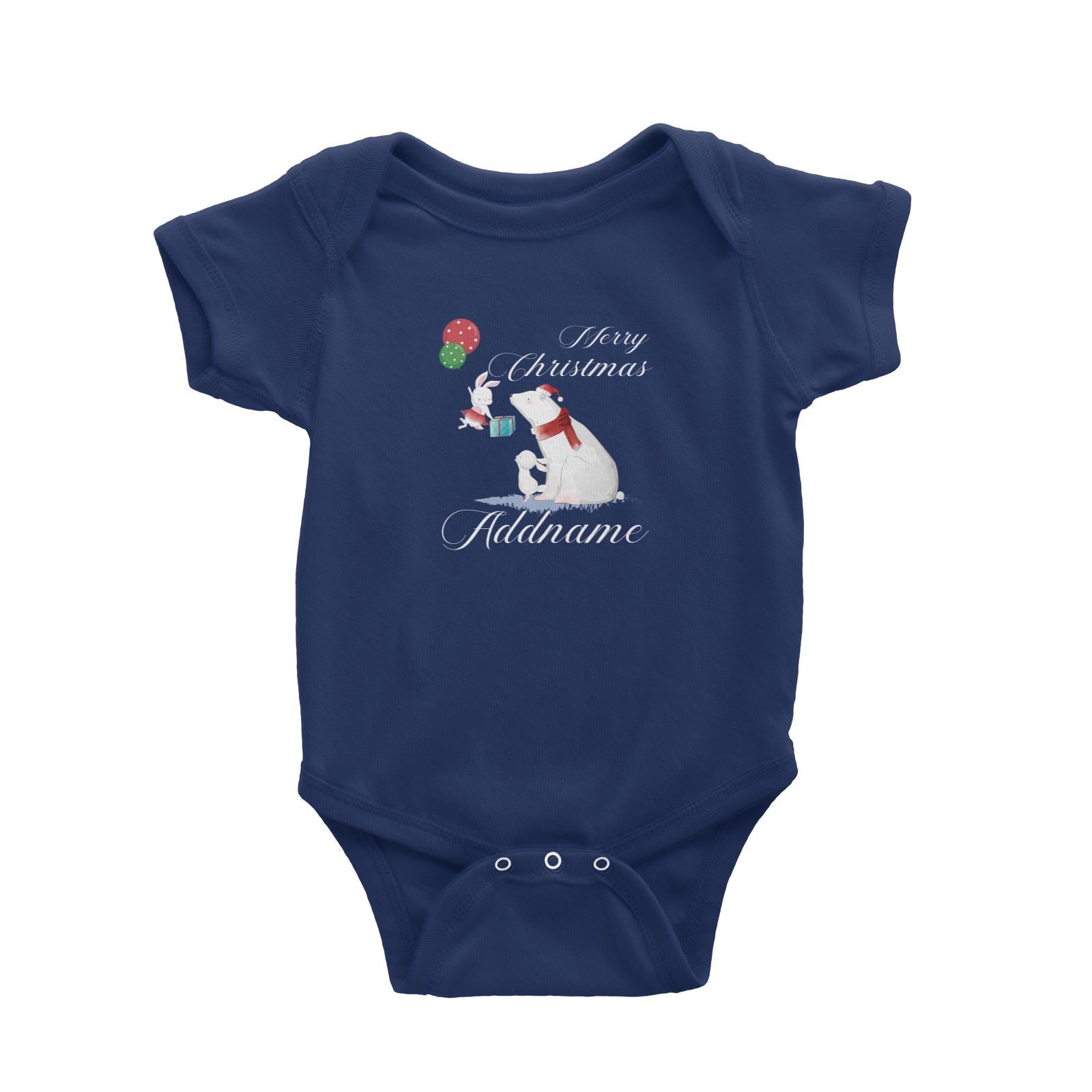 Christmas Cute Rabbits And Polar Bear With Present Merry Christmas Addname Baby Romper