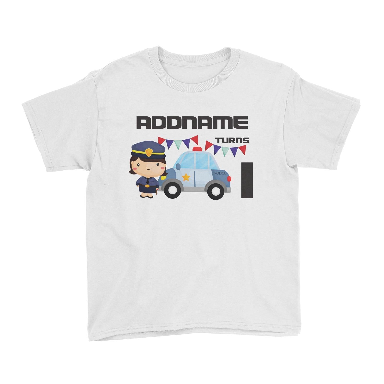 Birthday Police Officer Girl In Suit With Police Car Addname Turns 1 Kid's T-Shirt