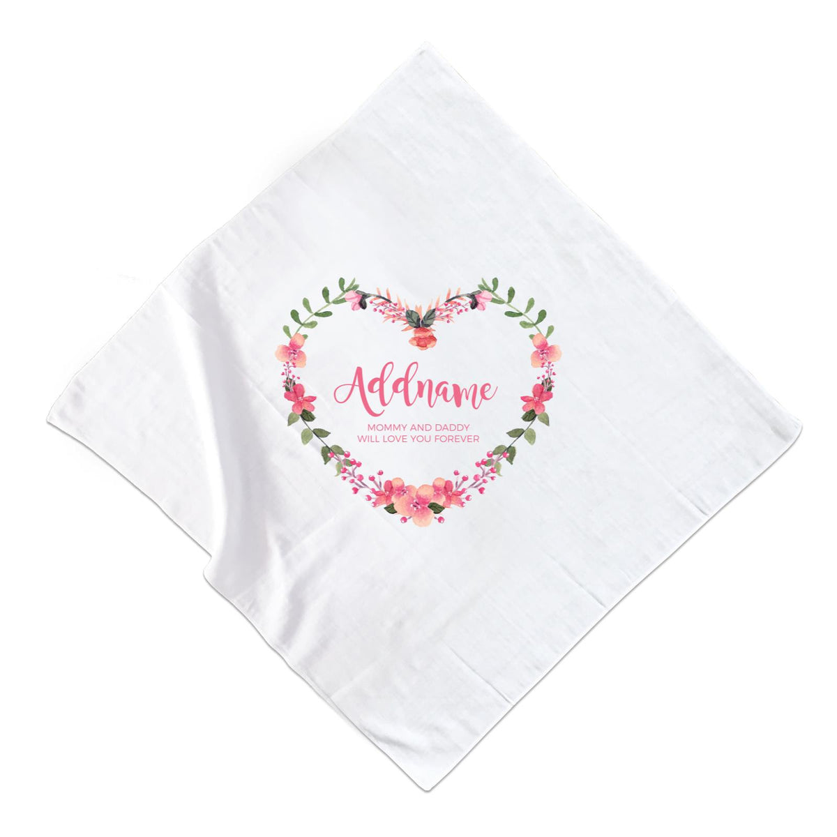 Pink Heart Shaped Flower Wreath Personalizable with Name and Text Muslin Square