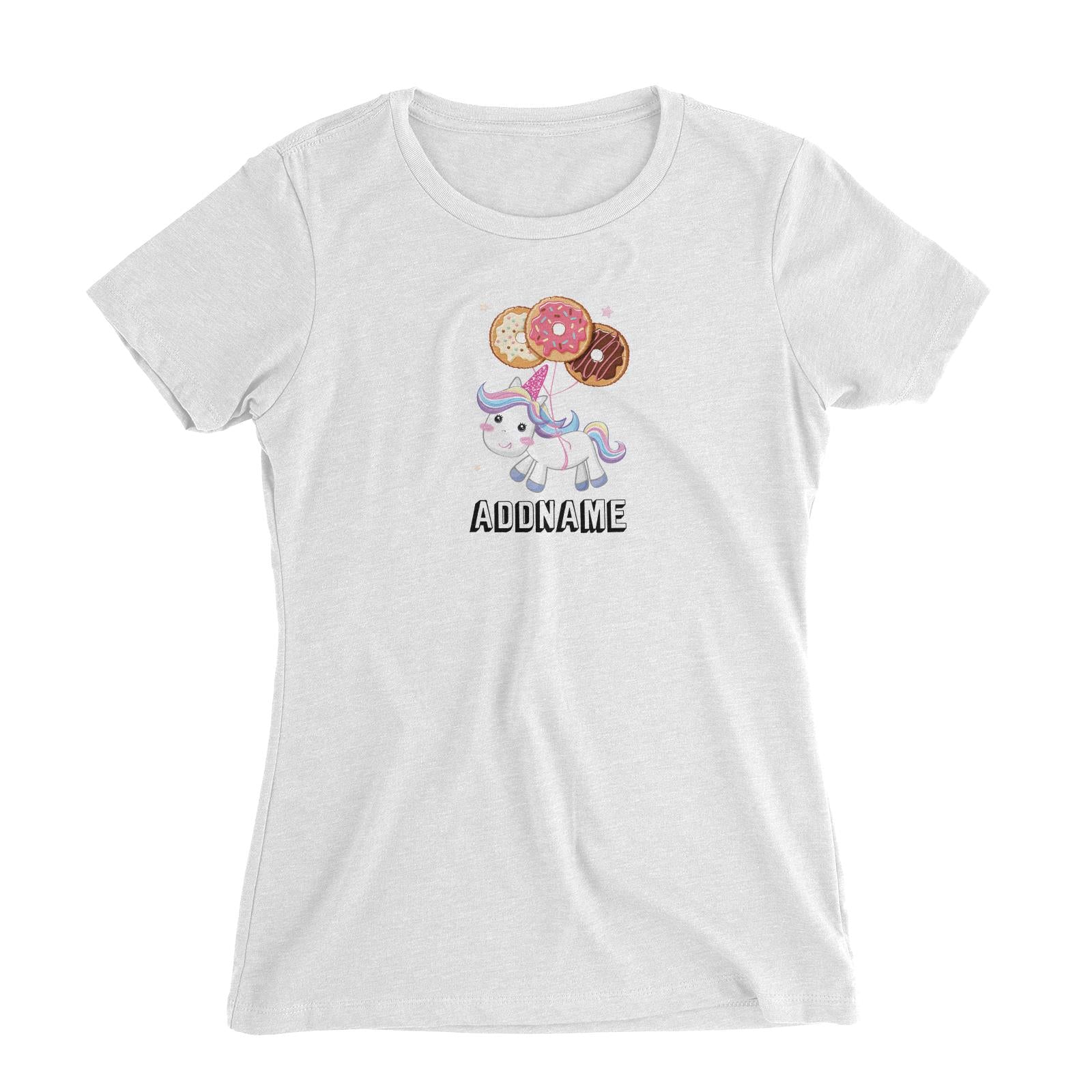 Birthday Unicorn Flying Donuts Balloon In Air Addname Women's Slim Fit T-Shirt