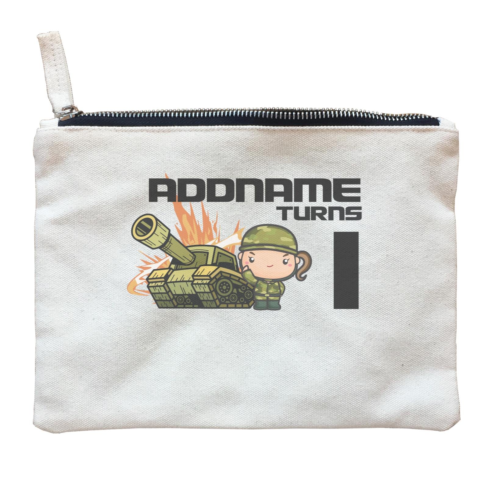 Birthday Battle Theme Tank And Army Soldier Girl Addname Turns 1 Zipper Pouch