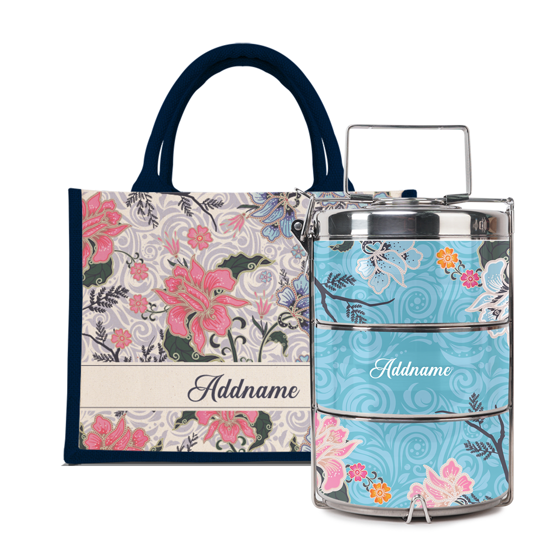 Modern Mahsuri Series - Legend Blue Half Lining Small Jute Bag with Tiffin Carrier