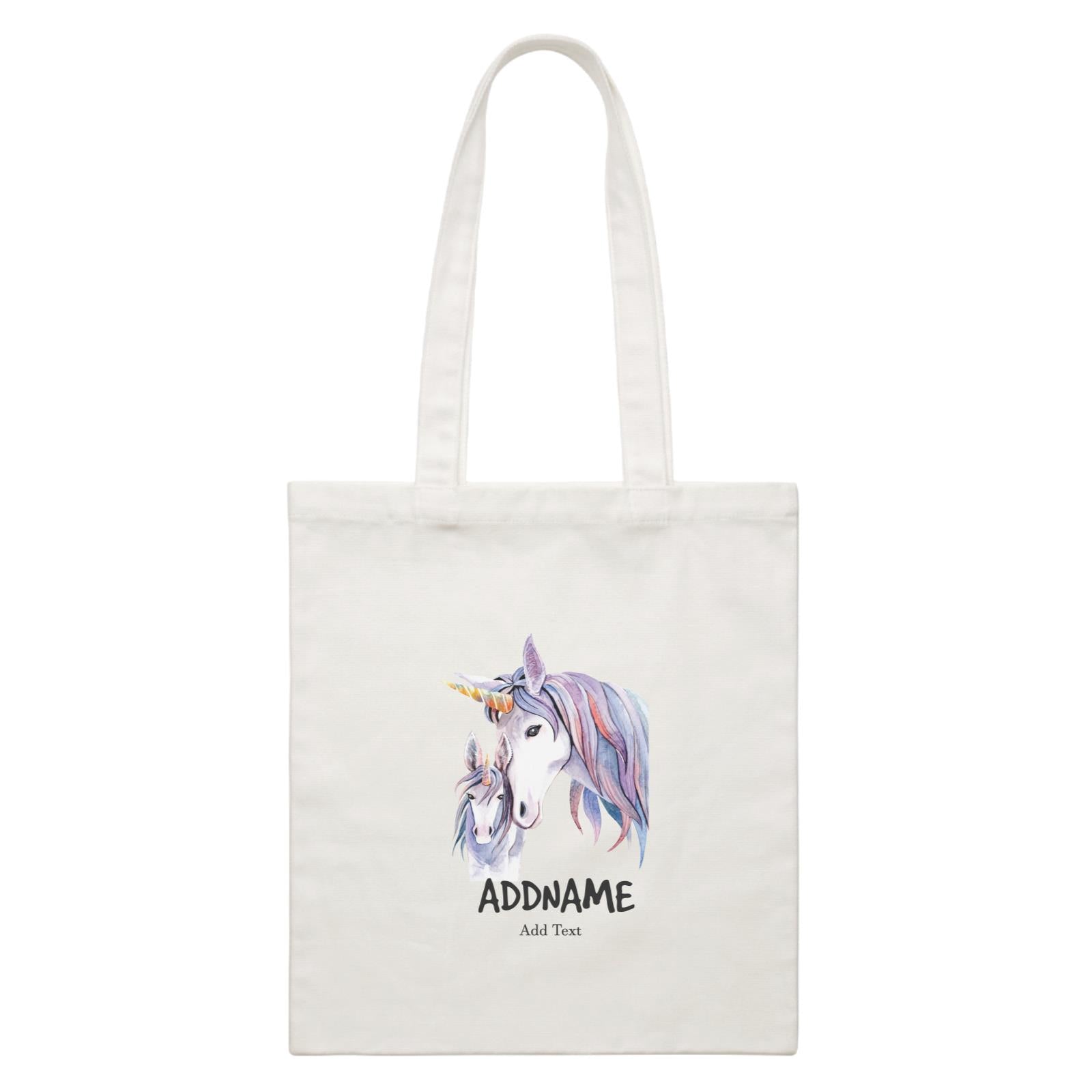 Watercolor Unicorn Mom & Child Addname White Canvas Bag