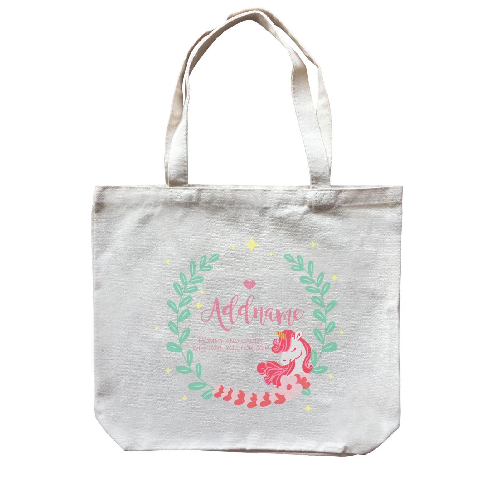 Cute Pink Unicorn with Pastel Green Leaves Wreath Personalizable with Name and Text Canvas Bag