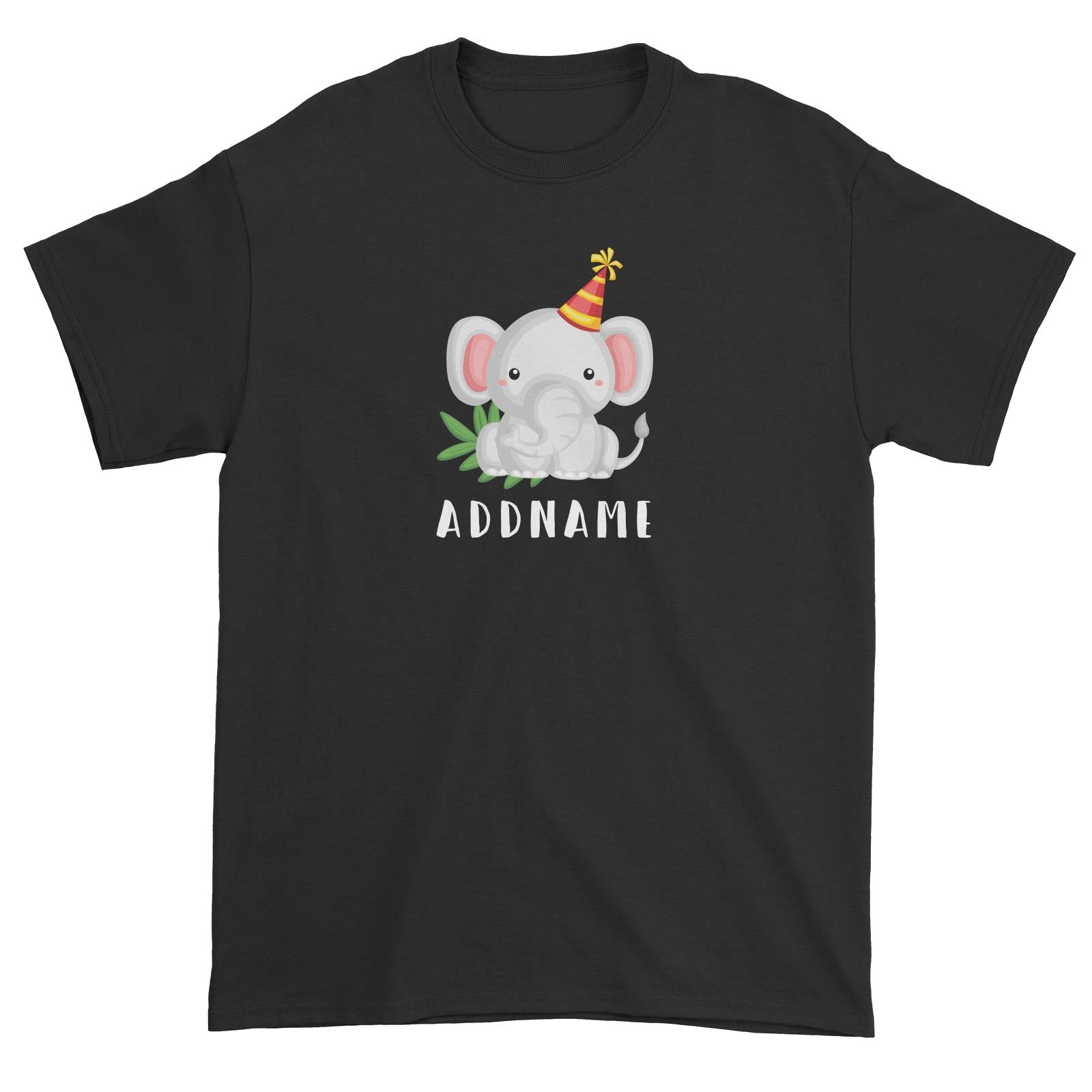 Birthday Safari Elephant Wearing Party Hat Addname Unisex T-Shirt