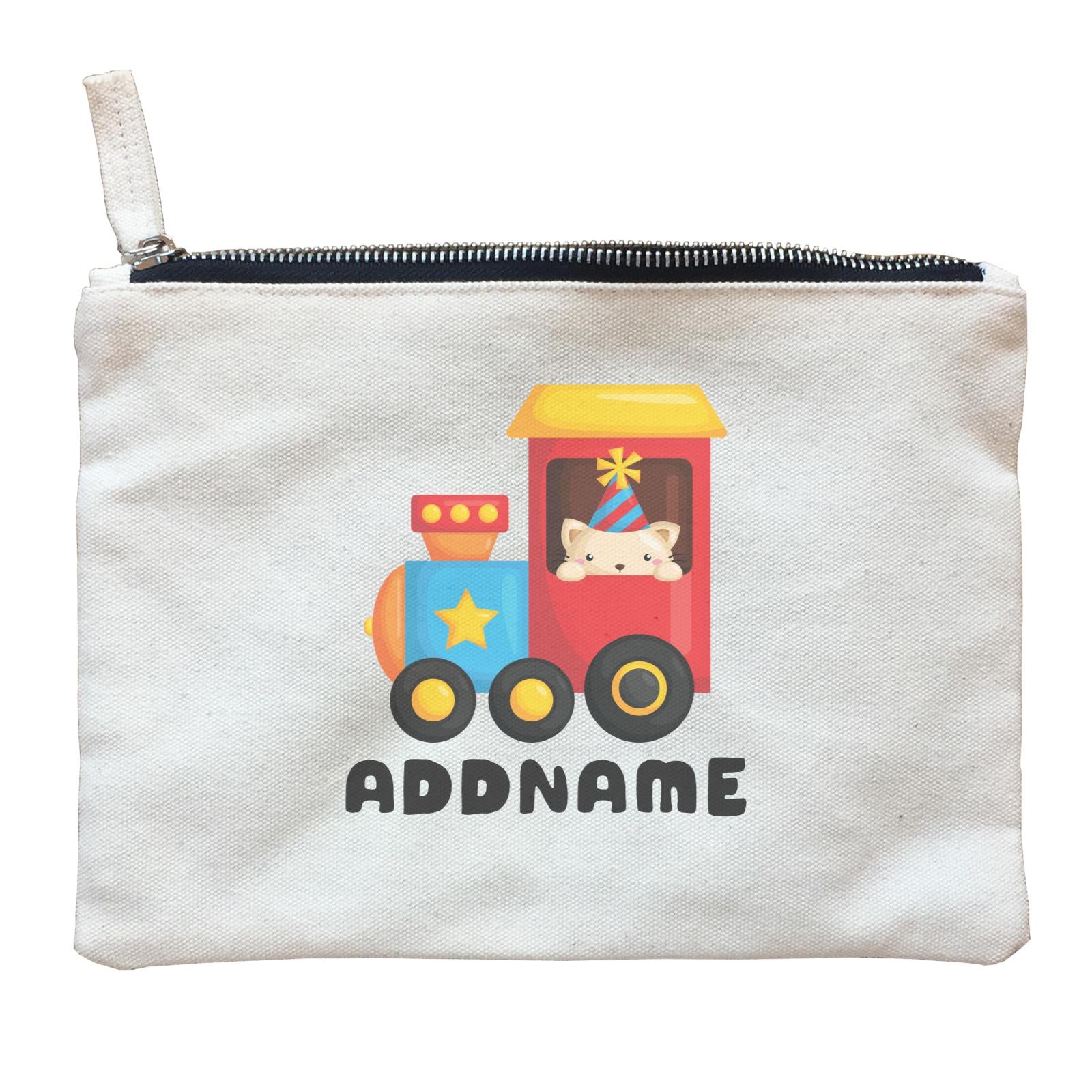 Birthday Fun Train Cat Wearing Party Hat Addname Zipper Pouch