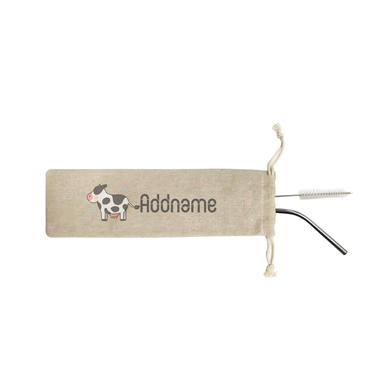 Cute Hand Drawn Style Cow Addname ST SZP 2-in-1 Stainless Steel Straw Set In a Satchel