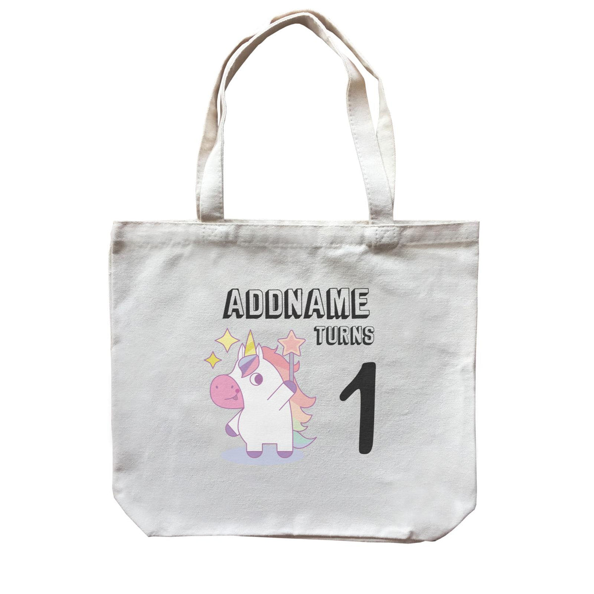 Birthday Unicorn Girl With Magic Wand Addname Turns 1 Canvas Bag