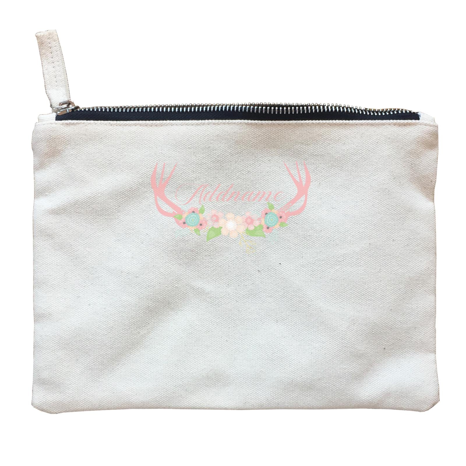 Basic Family Series Pastel Deer Pink Deer Antlers With Flower Addname Zipper Pouch