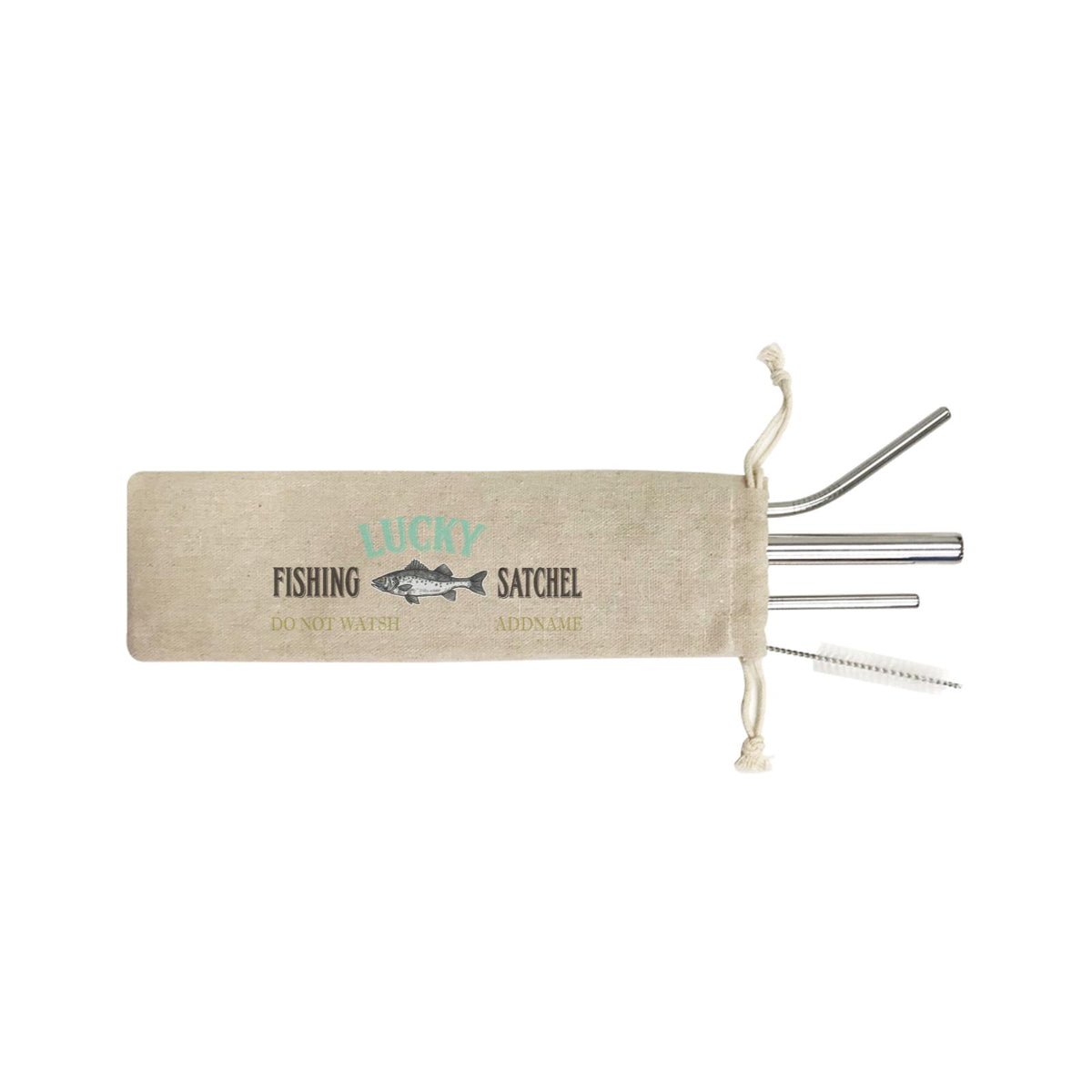 Lucky Fishing Addname SB 4-In-1 Stainless Steel Straw Set in Satchel