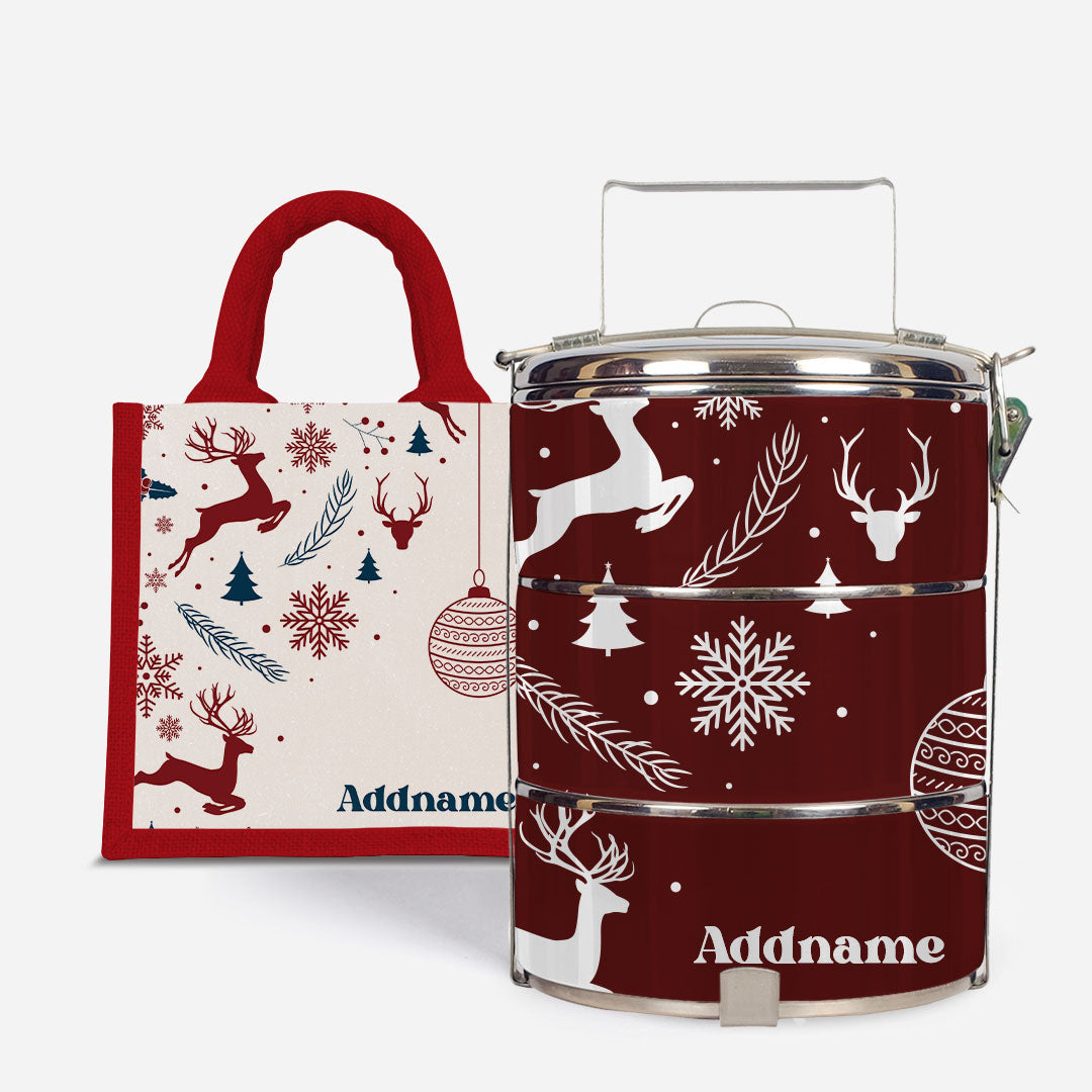 Christmas Series Standard Tiffin  with Half Lining Lunch Bag Jubilant Reindeers Red