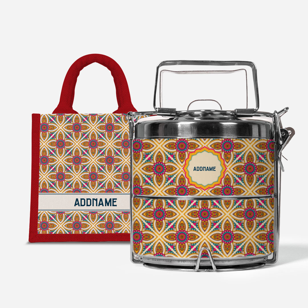Pookal Series Premium Two Tier Tiffin with Half Lining Lunch Bag - Vibrant Tiles Red