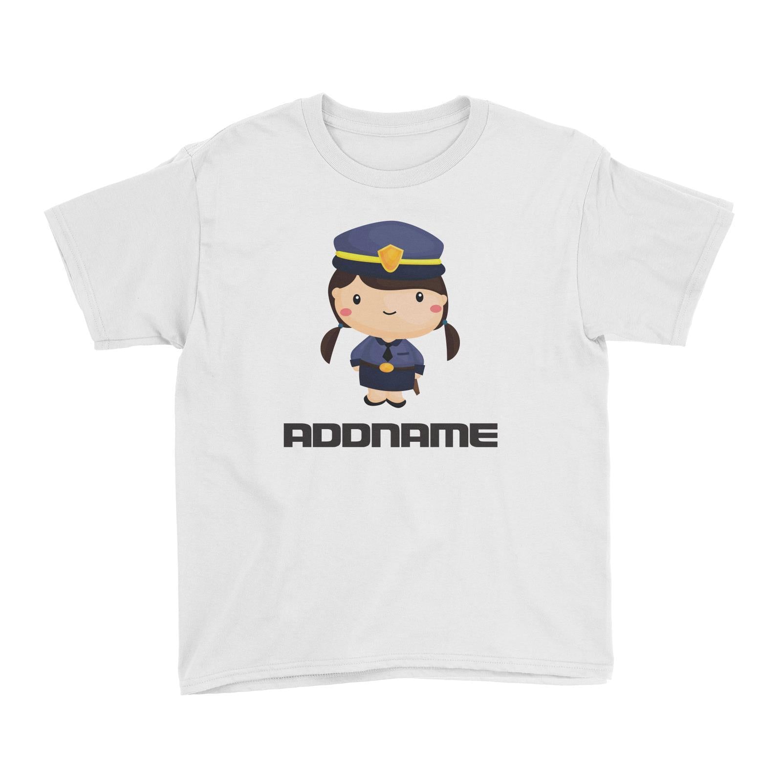Birthday Police Officer Long Twin Pony Tails Girl In Suit Addname Kid's T-Shirt