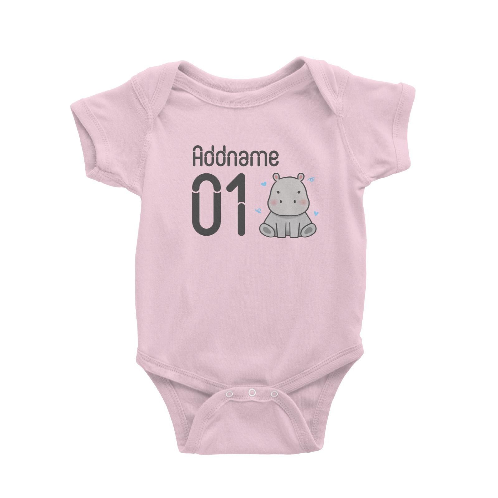 Name and Number Cute Hand Drawn Style Hippo Baby Romper
