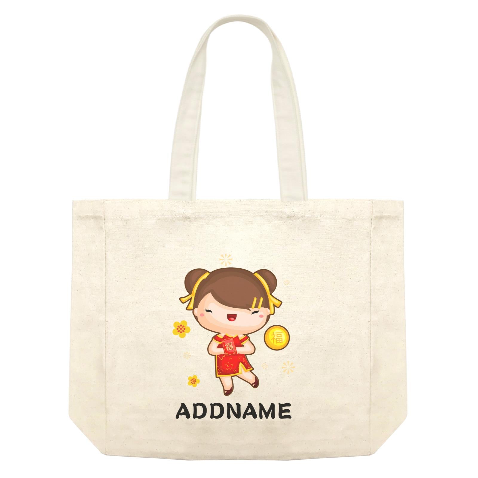 Cute CNY Girl with Red Packet and Happiness Symbol Shopping Bag