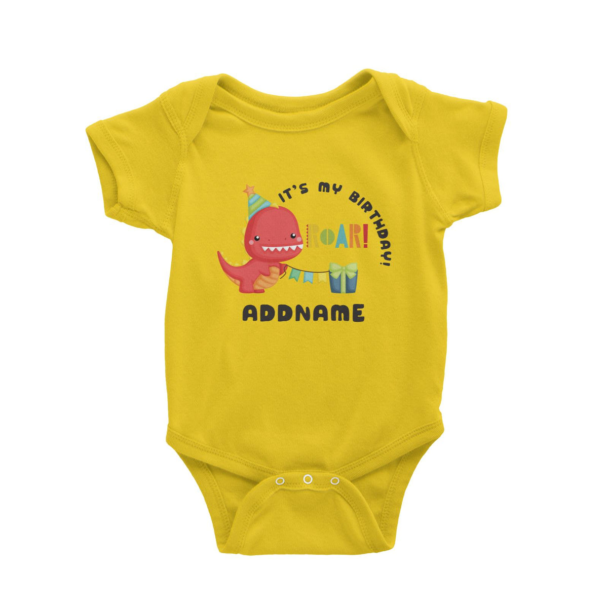 Birthday Dinosaur Happy Red Rex Wearing Party Hat It's My Birthday Addname Baby Romper