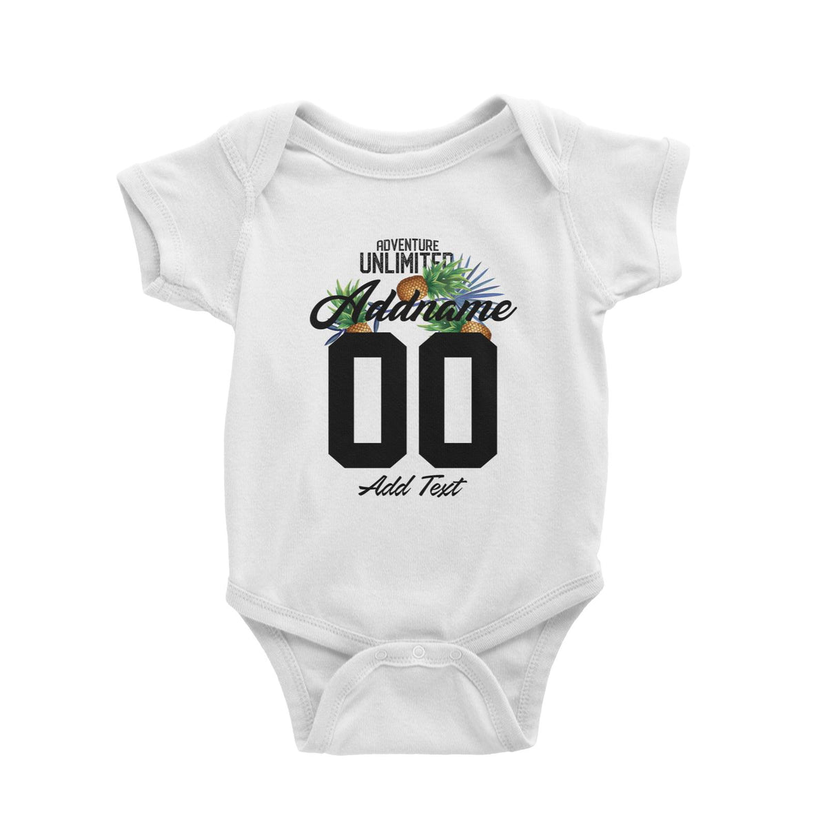 Adventure Unlimited with Pineapples Personalizable with Name Number and Text Baby Romper