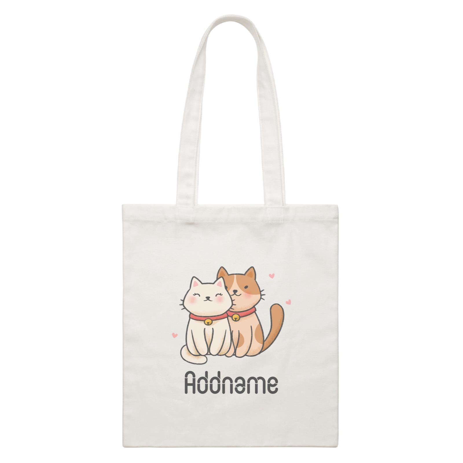 Cute Hand Drawn Style Couple Cat Addname White Canvas Bag