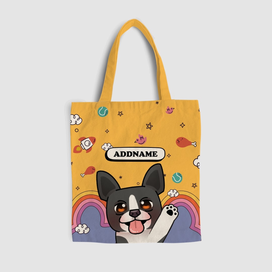 Paw Print Series Full Print Tote Bag - Black and White Boston Terrier