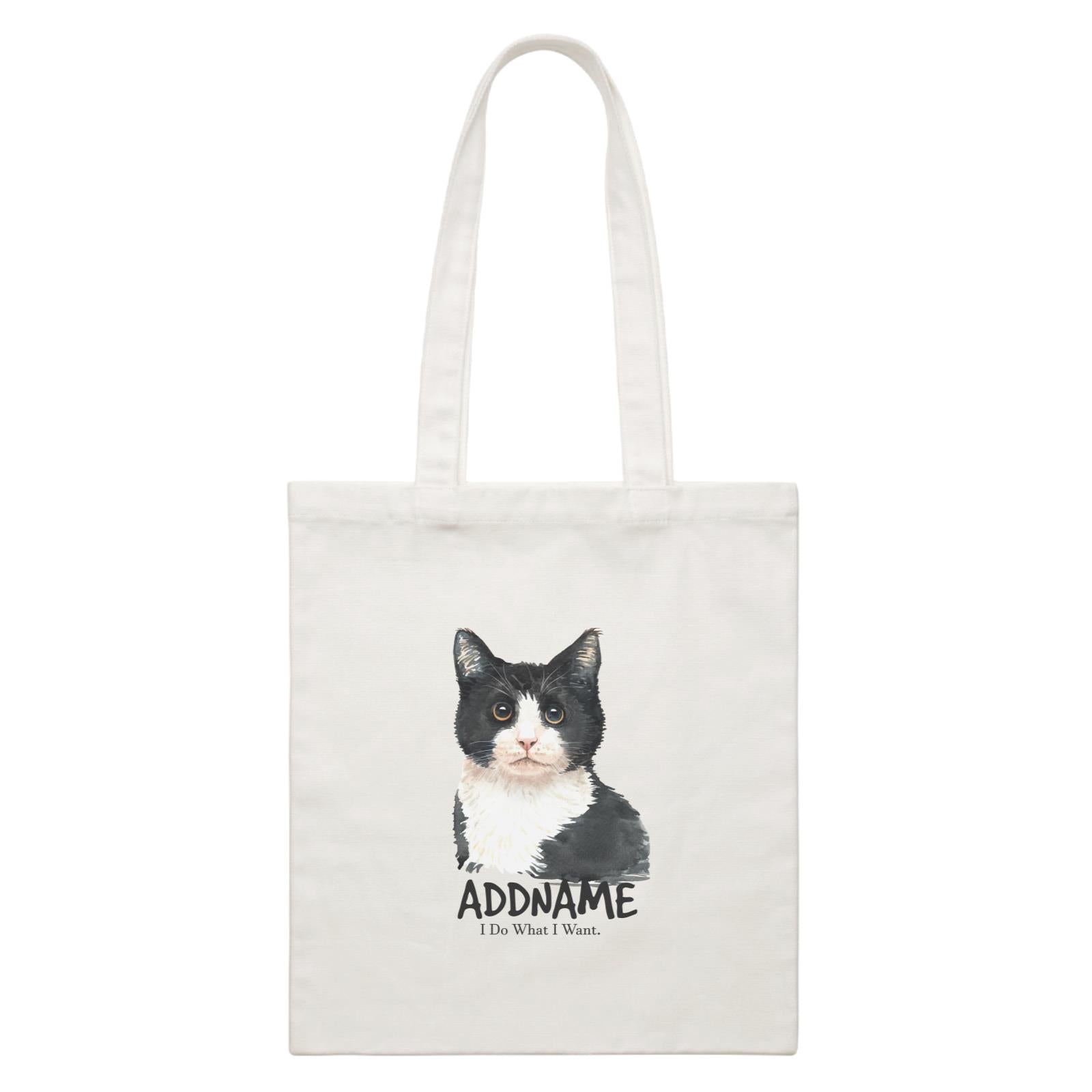 Watercolor Cat Black & White Cat I Do What I Want Addname White Canvas Bag