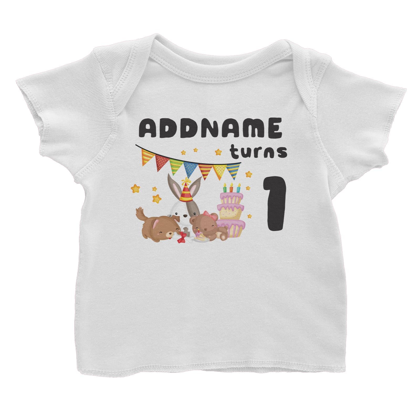 Birthday Friendly Animals Rabbit Bear And Dog Party Eating Cake Addname Turns 1 Baby T-Shirt