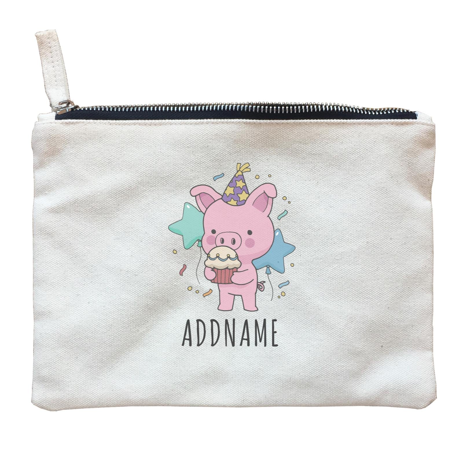 Birthday Sketch Animals Pig with Party Hat Eating Cupcake Addname Zipper Pouch