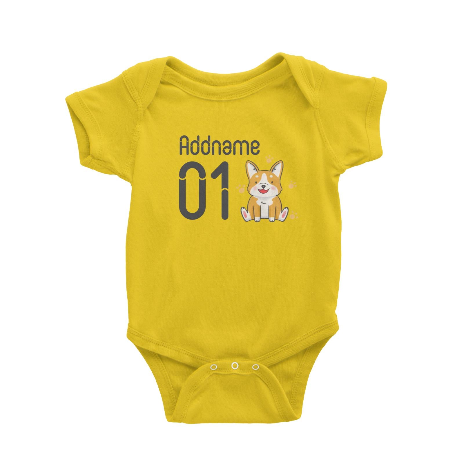 Name and Number Cute Hand Drawn Style Corgi Baby Romper