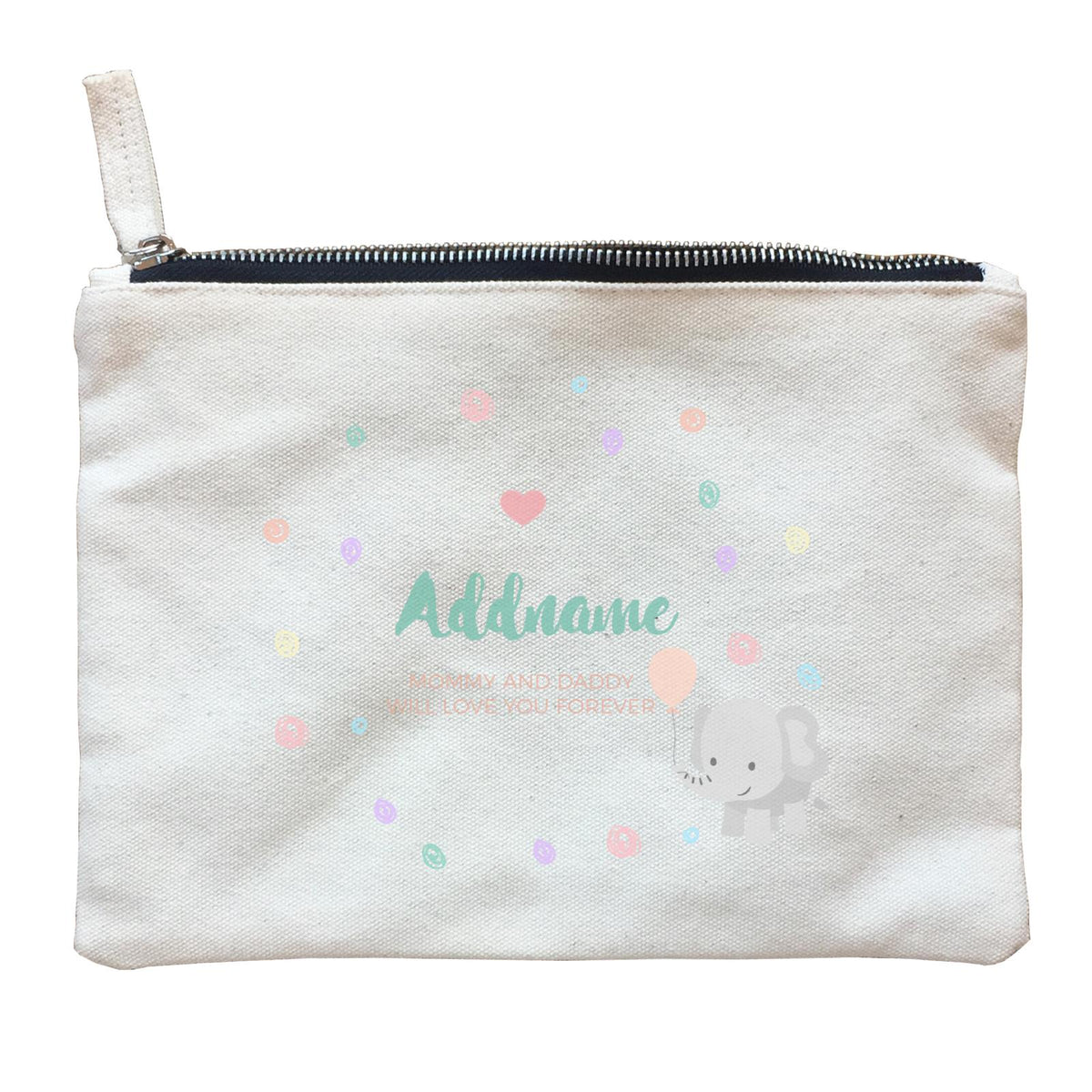 Cute Elephant with Balloon and Colourful Doodles Personalizable with Name and Text Zipper Pouch