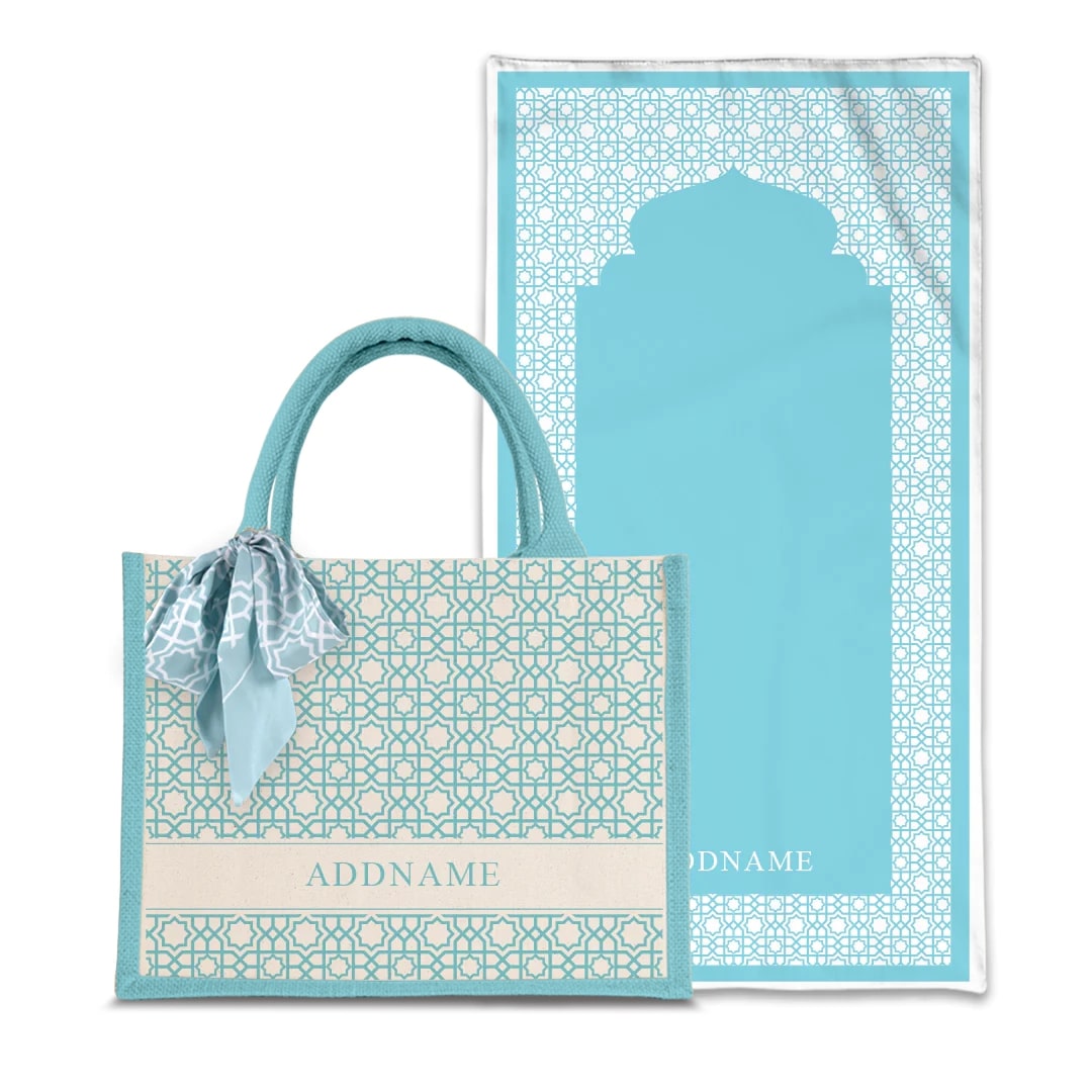 Annas Series Prayer Mat with Half Lining Small Jute Bag-Light Blue
