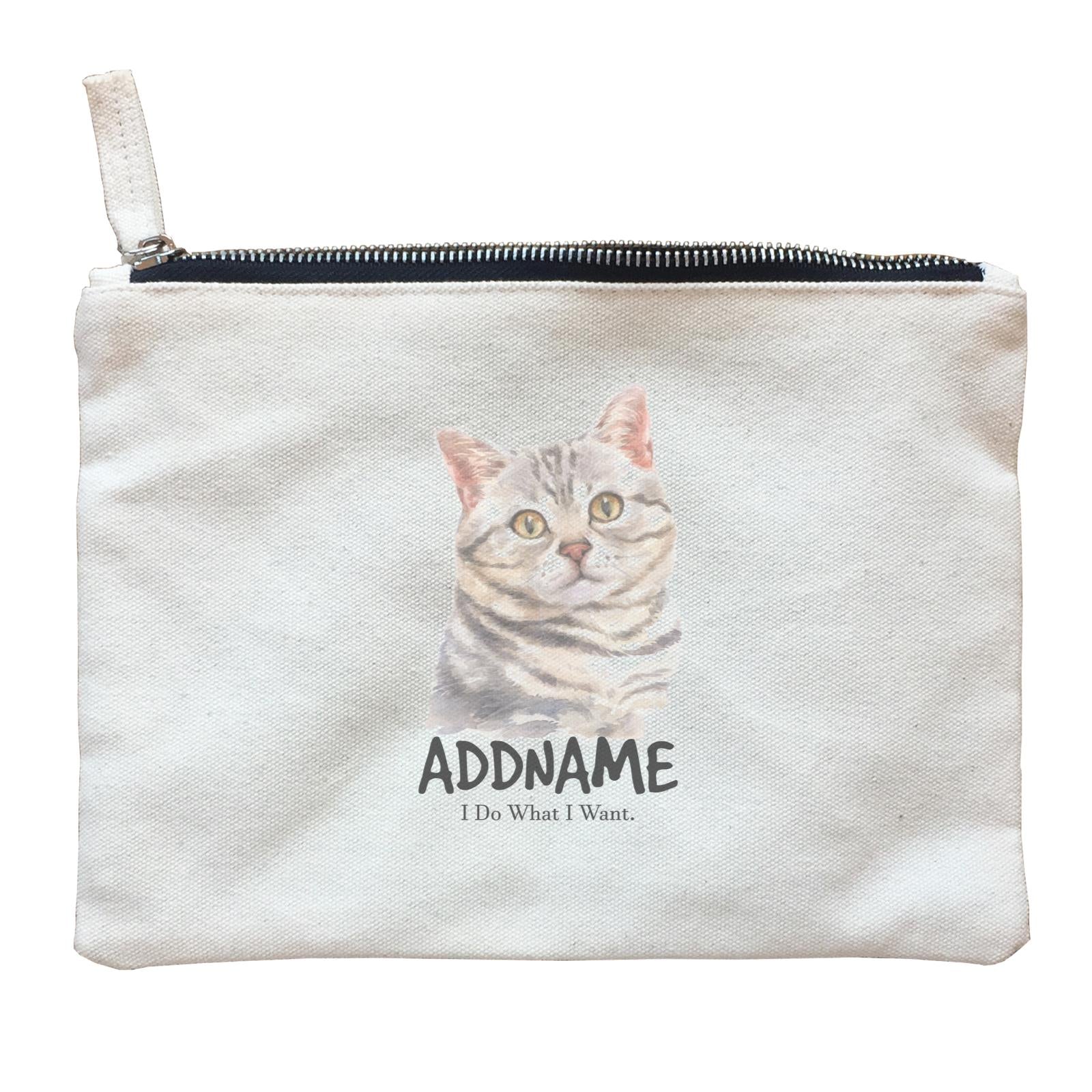 Watercolor Cat American Shorthair Grey I Do What I Want Addname Zipper Pouch