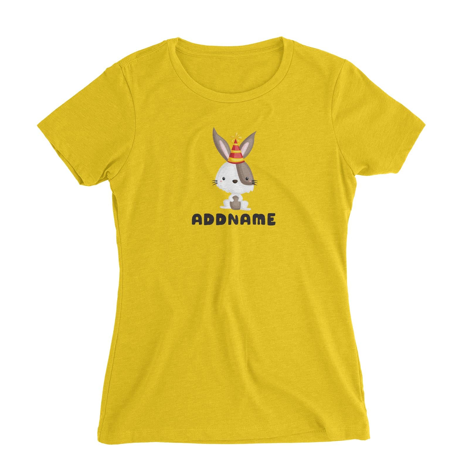 Birthday Friendly Animals Happy Rabbit Wearing Party Hat Addname Women's Slim Fit T-Shirt