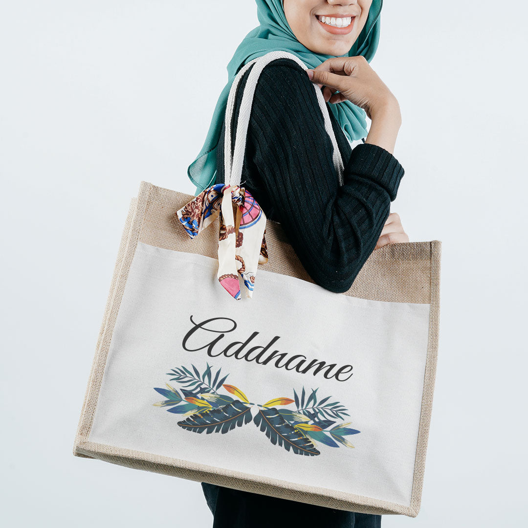 Colorful Leaves Jute Bag with Front Pocket