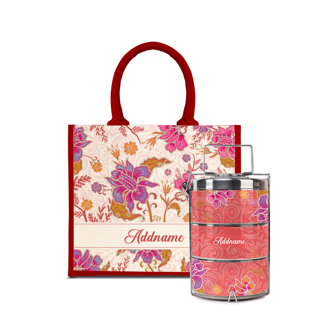 Modern Mahsuri Series - Legend Red Half Lining Jute Bag with Tiffin Carrier