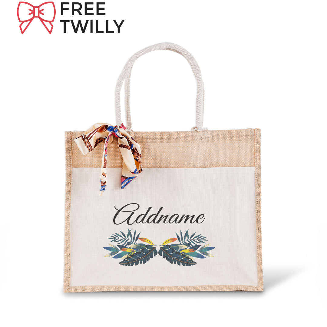 Colorful Leaves Jute Bag with Front Pocket