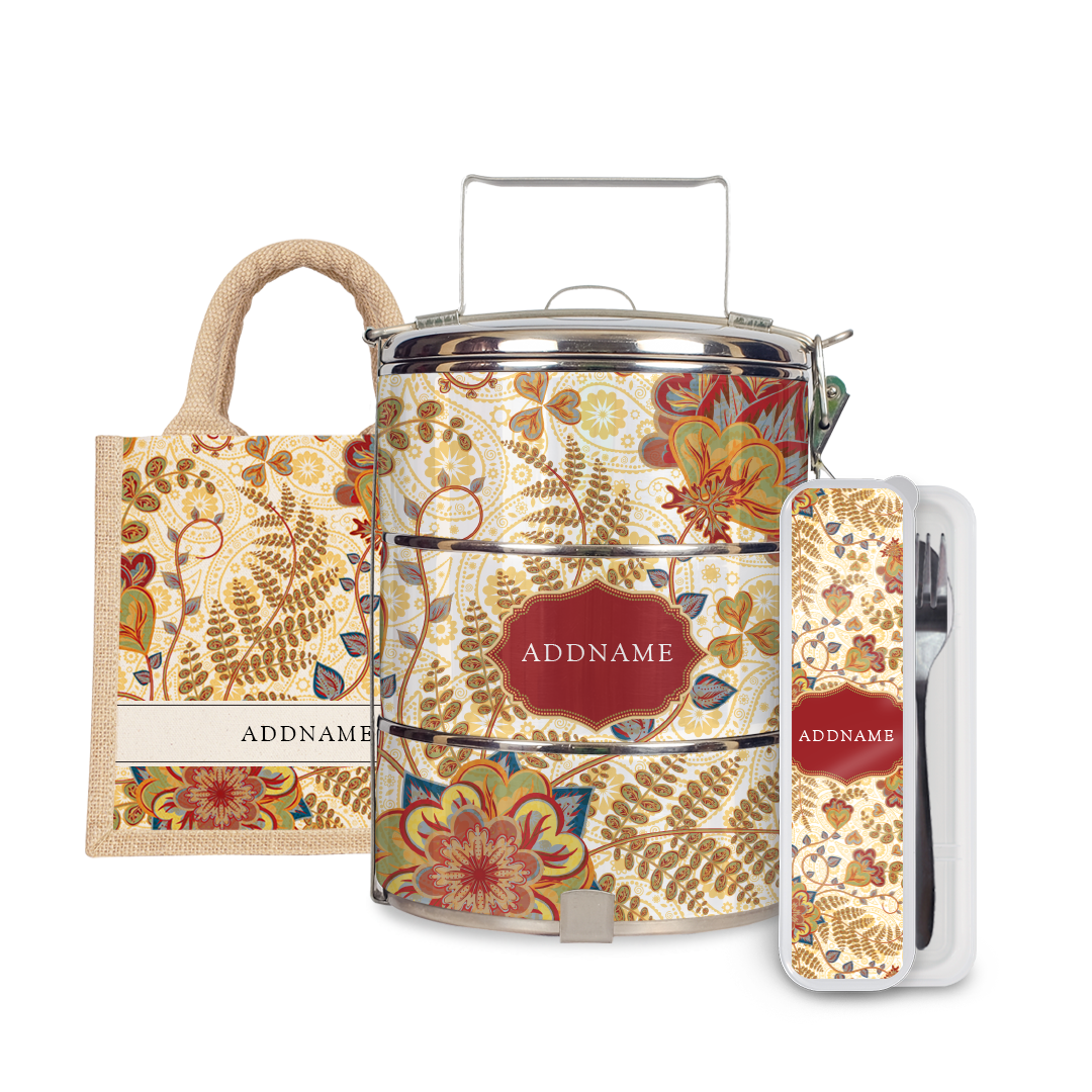 Batik Series - Mawar Half Lining Lunch Bag, Tiffin Carrier and Cutlery Set