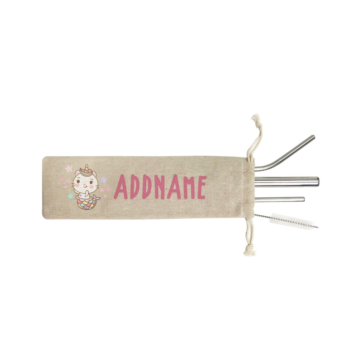 Unicorn And Princess Series Cute Shy Cat Mermaid Addname SB 4-In-1 Stainless Steel Straw Set in Satchel