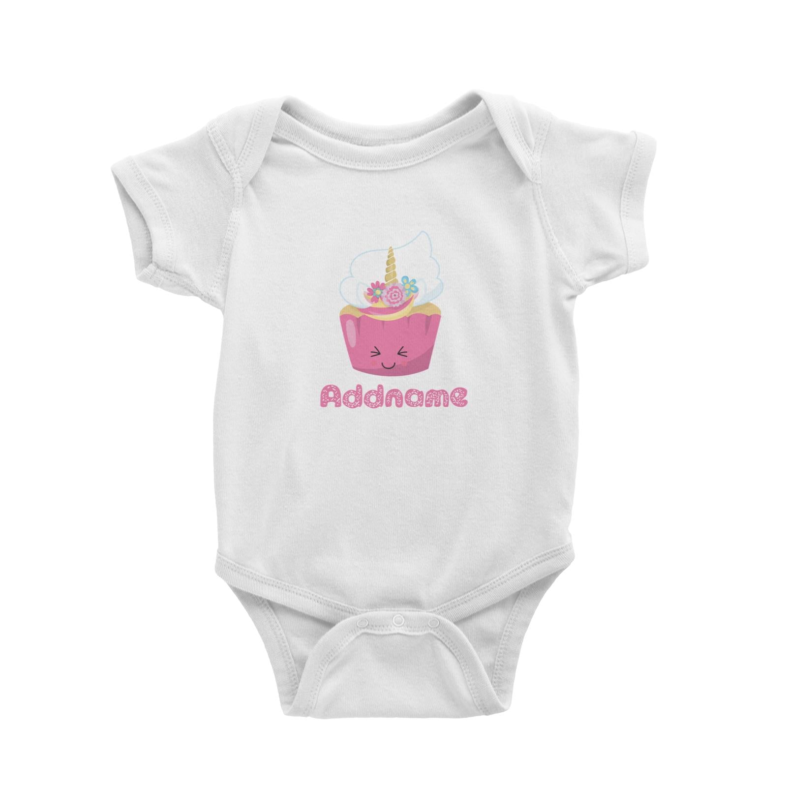 Magical Sweets Pink Cupcake Eyes Closed Addname White Baby Romper